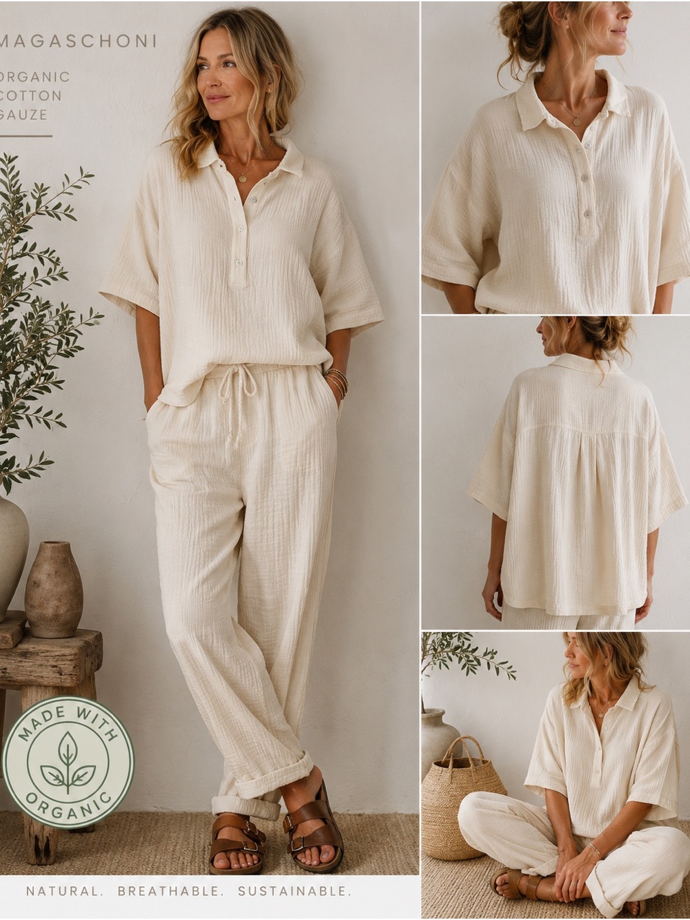 Magaschoni Organic Cotton Gauze Oversized Popover Shirt XL NWT